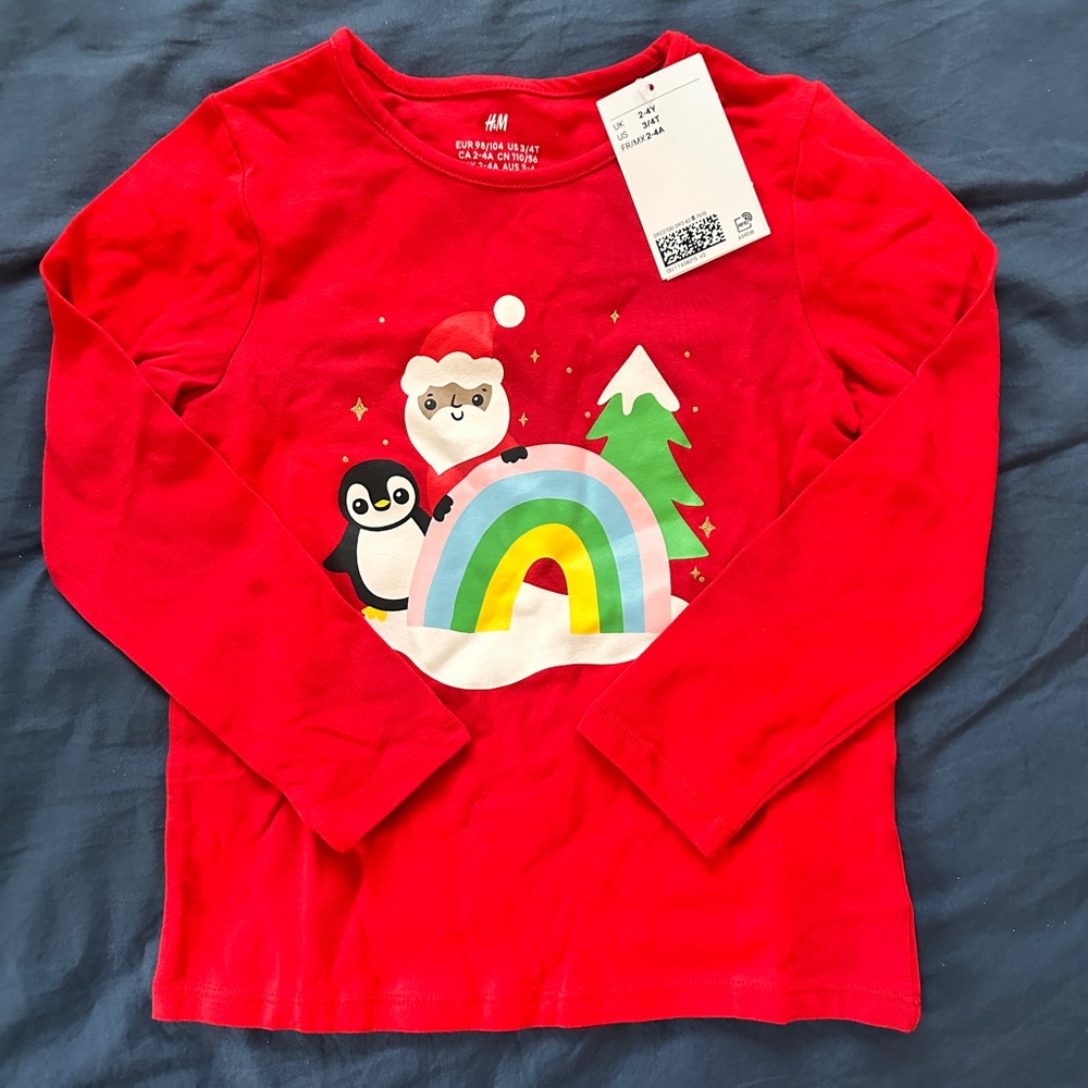 H&M Kids Red Long Sleeve Tee with Festive Print